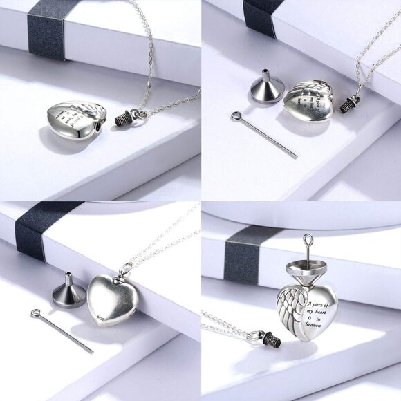 Sterling Silver Angel Wing Heart Urn Necklace Memorial Keepsake for Ashes - Picture 3 of 7